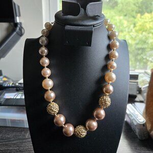 ANNE KLEIN Faux Pearl Beaded Necklace With Lions Face Gold/Brown Tone Collar 18"